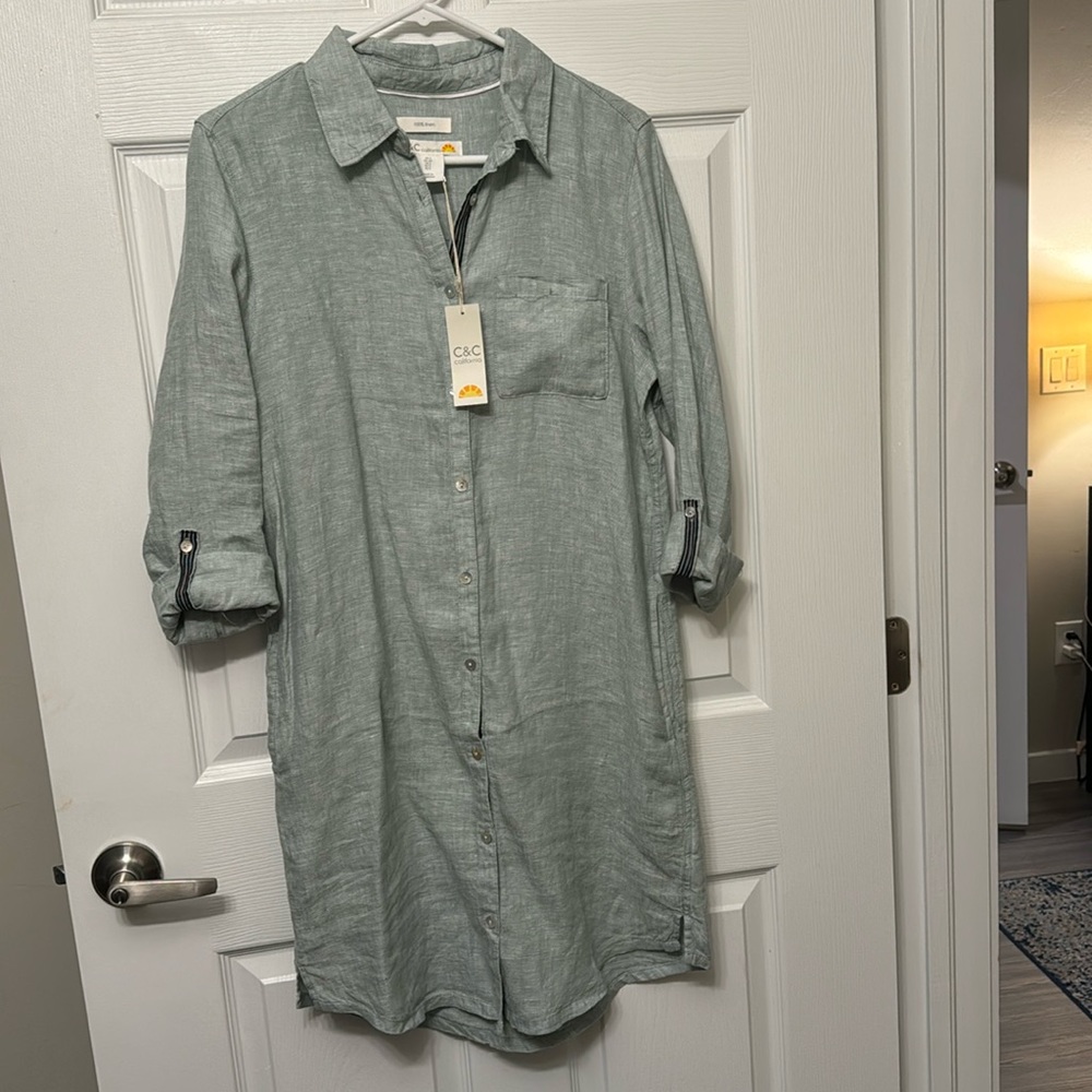 NWT Light Aqua Linen Shirt Dress, Small